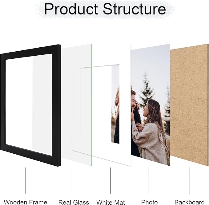 11x14 Picture Frame Set of 4, 11 x 14 Wood Photo Frames with Mat for 8x10, Wooden Frame with Real Glass Cover for Wall and Tabletop Display,Black
