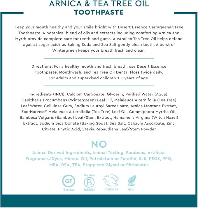 Desert Essence Arnica & Tea Tree Oil Toothpaste – Carrageenan & Fluoride Free – Wintergreen Mint – Vegan, Non-GMO, Gluten-Free – Gently Removes Plaque & Freshens Breath – 6.5 oz