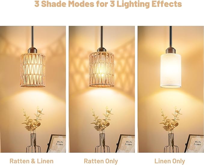 Pendant Light Boho Hanging Lamp, Rattan Hanging Lights with 2 in 1 Linen & Woven Shade, Ceiling Light Fixtures for Kitchen Island, Dining Room, Farmhouse, Bedroom (1 Pack)