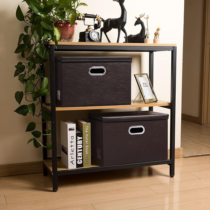 PRANDOM Collapsible Storage Bins with Lids [3-Pack] Leather Fabric Foldable Storage Boxes Organizer Containers Baskets Cube with Cover for Bedroom Closet Office Nursery Brown (14.9x10.8x10)