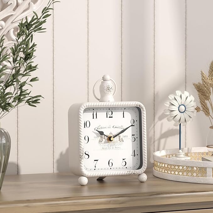 Vintage White Table Clock on Stand, Desk and Shelf Decor Clock, French Rustic Style Non-Ticking Mantel Clocks for Farmhouse, Living Room, Bedroom, Bedside, Gift (8.5" H x 5.5" W)