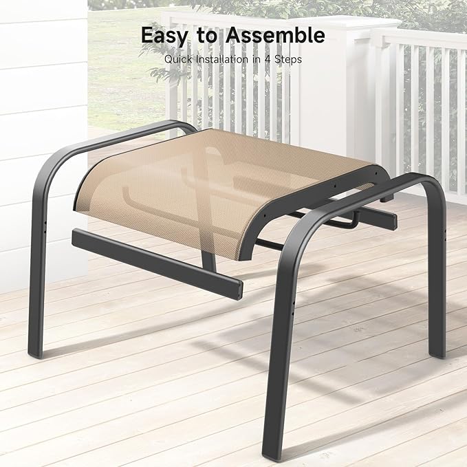Outdoor Ottoman Set of 2, All Weather Outdoor Foot Stool with Supportive Textliene and Metal Frame, Stackable Oversized Outdoor Foot Rest for Furniture Patio Garden Pool, Beige