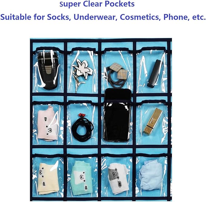 Classroom Pocket Chart for Phone Calculator Holder Over The Door Hanging Closet Jewelry Organizer with 30 Clear Pockets (Blue)