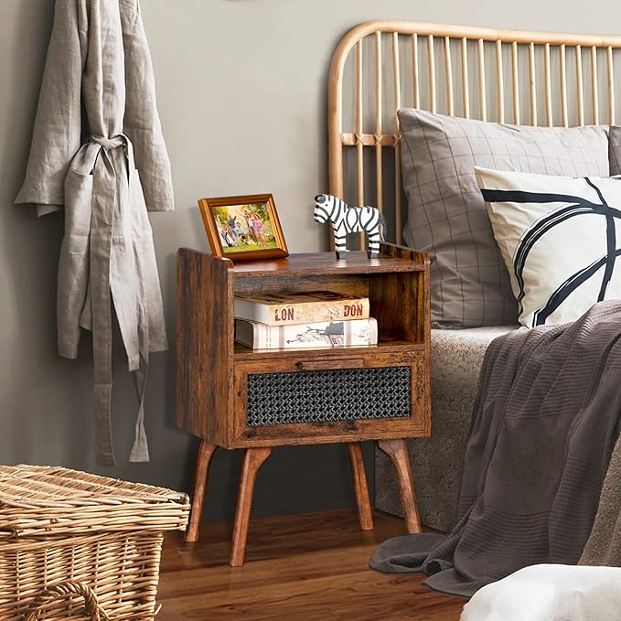 Lerliuo Rattan Nightstands Set of 2, Boho Side Table with Drawer Open Shelf, Cane Accent Bedside End Table with Solid Wood Legs for Bedroom, Dorm and Small Spaces (Brown)
