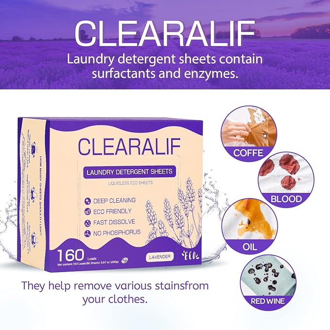 CLEARALIF Laundry Detergent Sheets 80 Sheets (Up to 160 Loads), Lavender - Great For Apartments, Dorms,Eco Friendly