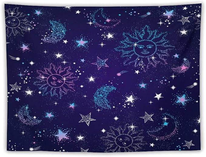 HZOHNAGO Boho Sun Moon Tapestry Purple Blue Sun Stars Galaxy Pattern Printed Wall Tapestry Wall Hanging for Bedroom Living Room Dorm 80" W x 60" H