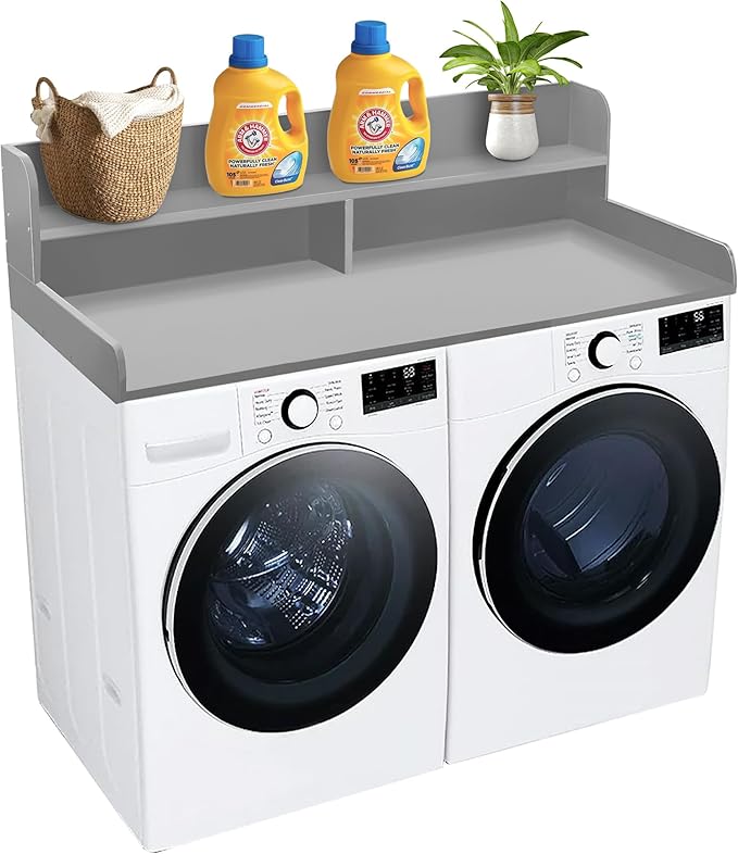 Royxen Laundry Countertop with 2-Tier Shelf Universal Fit, Washer and Dryer Countertop with Storage Space, Shelf Height 11.5 Inches, Solid Wood, Grey