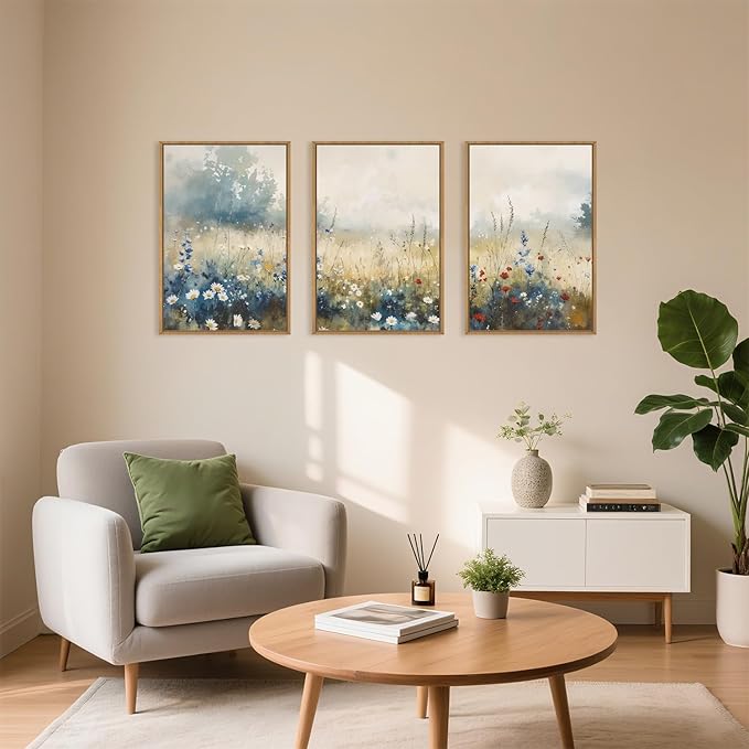 Nature Wildflower Framed Canvas Wall Art Set, Pastoral Landscape Wall Decor, Colorful Meadow Wall Painting, Rustic Floral Art Print for Living Room, Bedroom, Office - 16"X24"X3