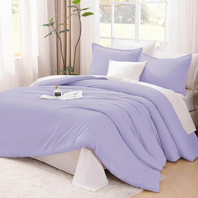 Litanika Lavender Purple Comforter Full Size, 3 Pieces Lightweight Solid Bedding Comforter Set, All Season Fluffy Bed Set (79x90In Comforter & 2 Pillowcases)