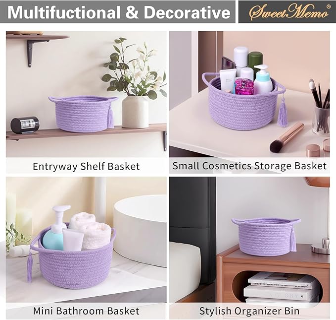Empty Gift Basket - SweetMemo Mini Woven Rope Organizer Baskets for Baby Shower, Vanity, Makeup Brushes, Bathroom, Shelves, Desk - Small Decorative Storage Bins - Set of 2, Pre-Shaped, Lilac Purple