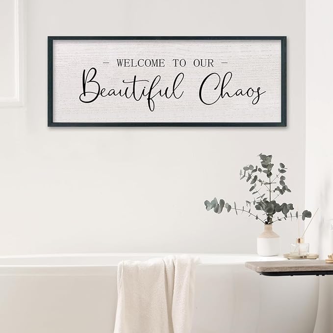 comurdyo Welcome To Our Beautiful Chaos Wall Decor Art 40"X15" for Home Entryway Sign Large Wood Framed Wall Hanging (Black)