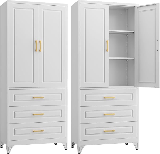 75" Kitchen Pantry Cabinet with 3 Drawer,Metal Storage Cabinets with Doors and 4 Adjustable Shelves,White Kitchen Cabinet with 2 Gold Handles,Food Cupboard for Livingroom,Pantry, Bathroom