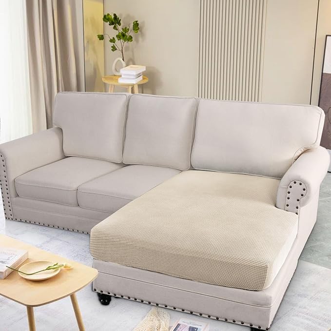 H.VERSAILTEX Super Stretch Individual Chaise Cover Sectional Couch Covers for L Shaped Sofa Both Left/Right Featuring Thick Jacquard Textured Twill Fabric (1 Piece Chaise Cover Large, Natural)