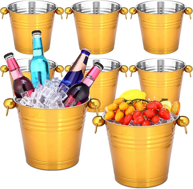 Amyhill 8 Pack Stainless Steel Ice Bucket 5.3 Quart/ 5 Liter with Handle Large Insulated Champagne Buckets Beer Bucket for Cocktail Bar Wine Parties Chilling Wine Champagne Home(Gold)