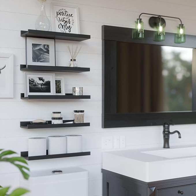 RICHER HOUSE 5 Set Floating Wall Mounted Shelves, Black Shelves for Wall Decor, Modern Picture Ledge Shelf with Lip for Storage, Nursery, Bedroom, Living Room, Bathroom - Black
