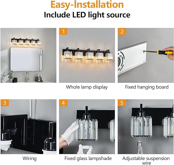 Modern Bathroom Vanity Light 5-Lights Plating Black Vanity Light Crystal Wall Light Bathroom Light Fixtures
