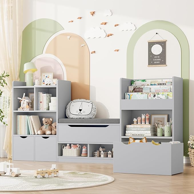 FOTOSOK 72” Kids Bookshelf with Reading Nook, Large Toy Storage Organizer with Seat Cushion and 3 Movable Drawers, Kids Reading Nook Toy Organizers and Storage with Bench for Living Room, Grey