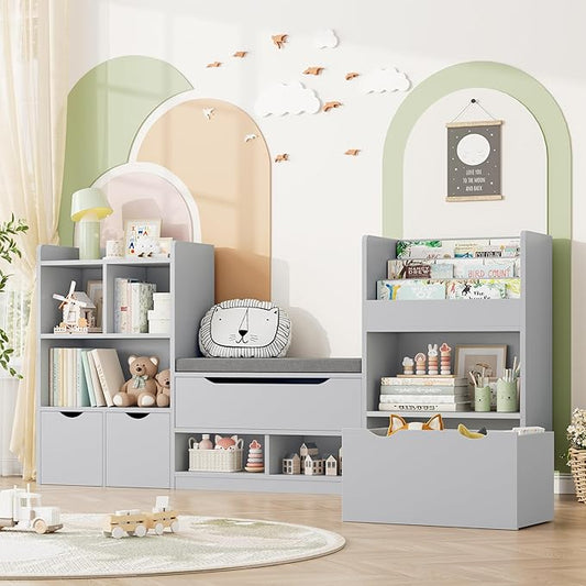 FOTOSOK 72” Kids Bookshelf with Reading Nook, Large Toy Storage Organizer with Seat Cushion and 3 Movable Drawers, Kids Reading Nook Toy Organizers and Storage with Bench for Living Room, Grey