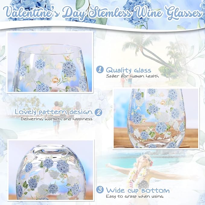 Sliner 2 Pack 17oz Hydrangea Stemless Wine Glasses Spring Summer Floral Drinking Glasses Hydrangea Tumbler Cups for Spring Summer Parties Supplies Birthday Gift