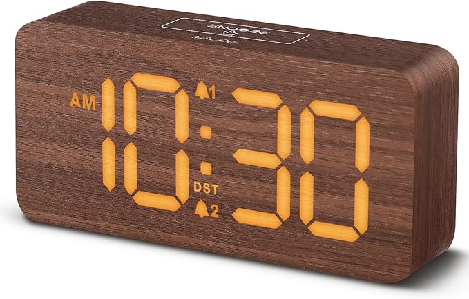 uscce Wooden Digital Alarm Clocks for Bedrooms: Dimmable Dual Alarm Clock with Large Numbers for Bedside Desk - Loud Alarm for Heavy Sleepers with Volume Control - Wood Decor & Gifts