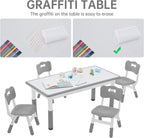 Kids Study Table and Chairs Set, Height Adjustable Toddler Table and Chair Set for Kids Ages 3-8, Graffiti Desktop (Grey)