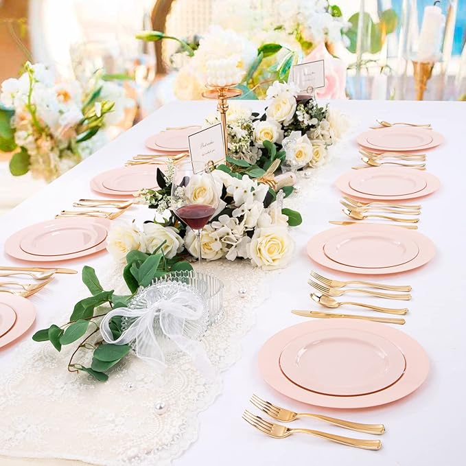 FLOWERCAT 60PCS Pink Plastic Plates - Heavy Duty Pink Plates Disposable for Party/Mother's Day/Wedding - serving 30 guests Include 30PCS 10.25inch & 30PCS 7.5inch