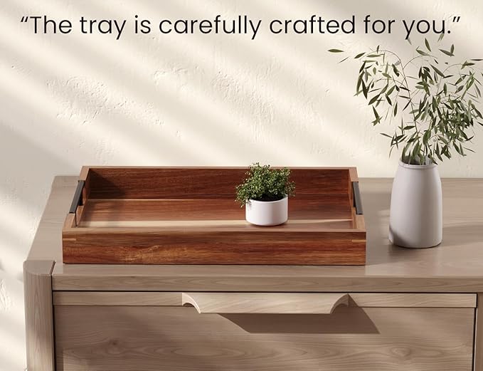 Acacia Wood Serving Tray with Metal Handles,17x12in Ottoman Decorative Trays Platter for Coffee Table,Living Room,Bar,Party(Large)