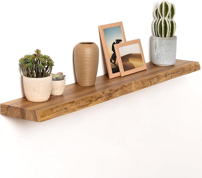 Fun Memories 40" Floating Shelves for Wall, Live Edge Solid Elm Wood Floating Shelf with Invisible Bracket, Wall Mounted Display Wooden Shelves for Bathroom, Kitchen, Bedroom, Natural Color, Set of 1