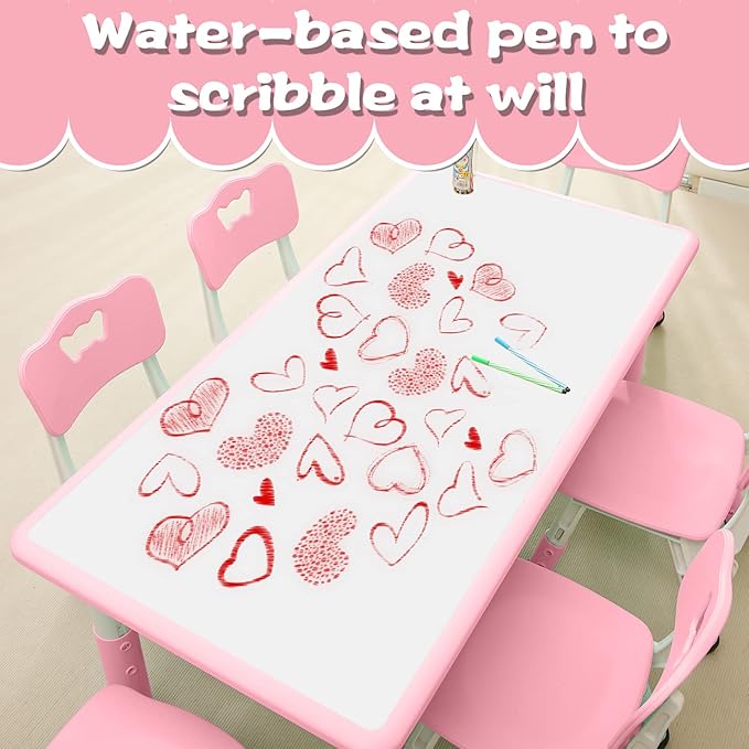 Children's Table and Chair Set Suitable for Boys and Girls Age 2-12 Height Adjustable Table top Can be Painted with 6 Seats Suitable for Family Learning Daily use (Pink)