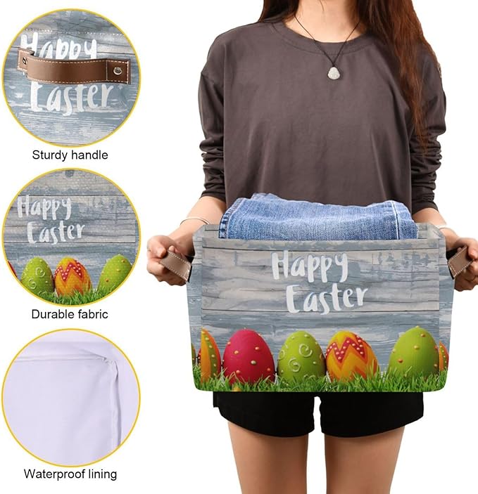 Happy Easter Eggs Storage Basket Cube Storage Bins Organizer Bag Collapsible Closet Shelf Baskets with handle for Baby Cloth Pet Toy Book 14.2×10.2×8.3 IN