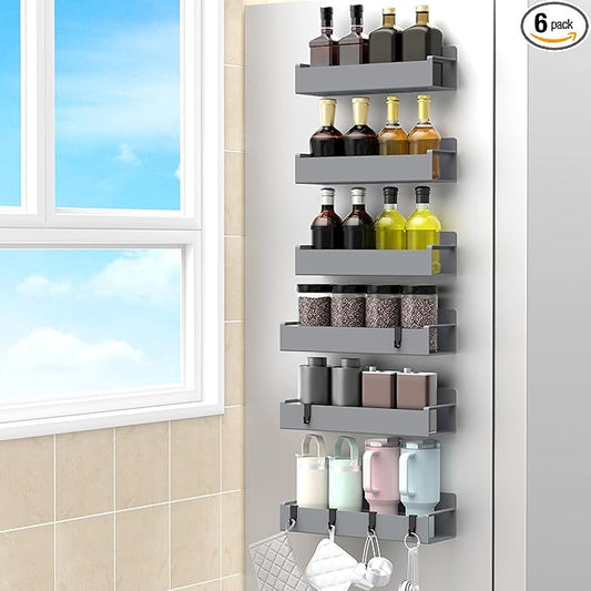 6 Pack Magnetic Spice Rack Organizer for Refrigerator and Oven, Dark Grey Fridge Organizers and Storage for Kitchen