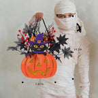 Halloween Pumpkin Decorations, Lighted Jack-O-Lantern with Maple Leaves Berries Black Cat, Halloween Door Sign Wood Pumpkin Lights for Front Door Indoor Outdoor Yard Party Cartoon Hanger Decor