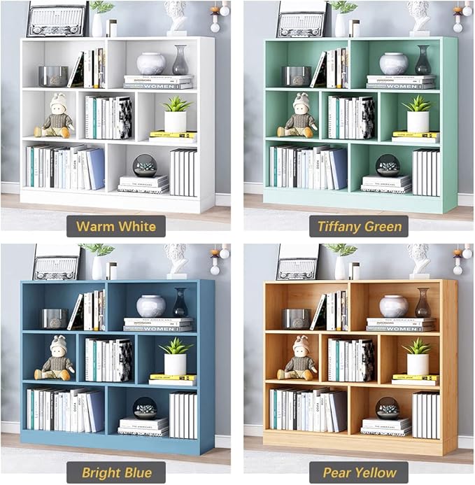 IOTXY Open Shelf Low Bookcase - Wooden 3-Tier Floor Standing Display Cabinet Organizer with Base, 7 Cubes Short Horizontal Bookshelf in Tiffany-Green