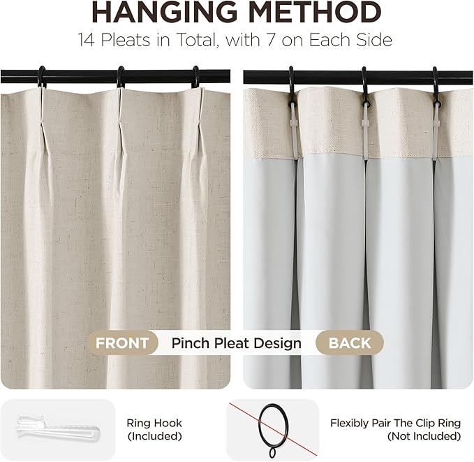 Joydeco Pinch Pleated Linen Curtains for Living Room, 100% Blackout Darkening Curtains 72 inches Length 2 Panel Thermal Insulated Pinch Pleat Drapes(Ecru,40'' Wx72'' L)