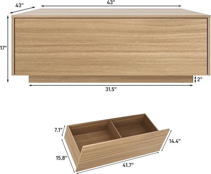 43” Square Coffee Table with Storage, 43" D x 43" W x 17" H Modern Large Square Center Table with 2 Drawers, Wood Coffee Table for Living Room, Light Brown,Bedroom,Light Brown