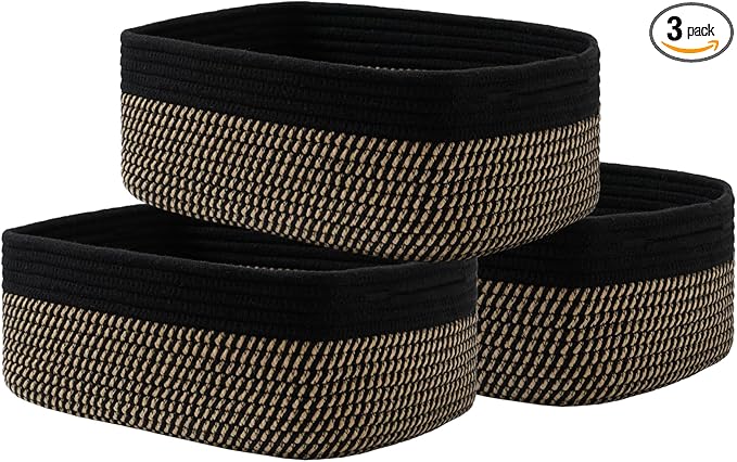 KALLAX Small Woven Basket, 13.5 x 9.5 x 5 Inches, Storage Basket for Organizing, Cute Small Rope Shelf Closet Cube Storage Bins Baskets for Shelves, Dog Toy Gift Baskets Empty, 3 Pack Black & Brown