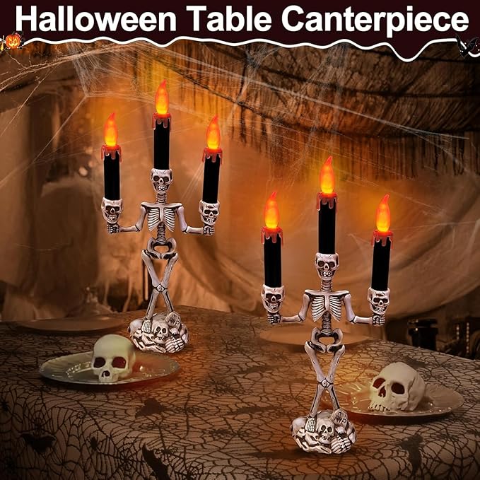 TURNMEON 2 Pack Halloween Candelabra with LED Flame Less Candles Holder Battery Operated Flickering Lights Skull Candles for Halloween Decorations Indoor Home Table Mantel Party Haunted Mansion Decor