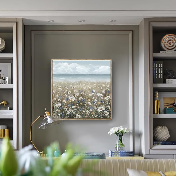 Framed Wall Art for Bedroom Decor Farmhouse Boho Beach Coastal Vintage Floral Ocean Wall Picture Daisy Flowers Sea Canvas Print Nautical Neutral Seascape Artwork for Home Living Room Bedroom Office