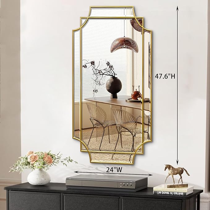 Wall Mirror Full Length, 47" x 24" Gold Framed Full Body Mirror, Scalloped Beveled Polished Decorative Mirrors, Large Rectangle Irregular Wall Mirror for Bathroom/Bedroom/Living Room/Entryway