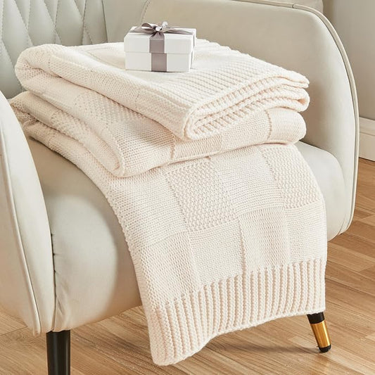 CozeCube Check Knit Throw Blanket, Cream White Checkered Throw for Couch, Decorative Christmas Soft Cozy Warm Knitted Blanket for Bed Sofa Living Room, 50"X60"