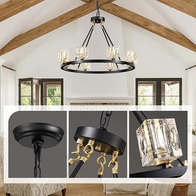 Black Wagon Wheel Chandelier, 8-Light Farmhouse Crystal Chandeleirs with Adjustable Height,Ceiling Hanging Light Fixture Pendant Lights for Living Room,Bedroom,Kitchen Island,Dining Room,Bedroom