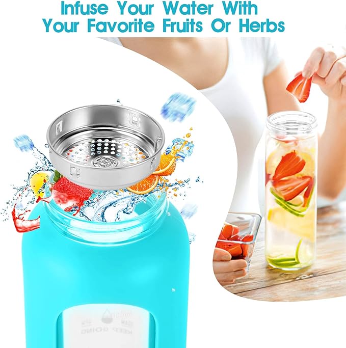 32 oz Glass Water Bottle with Straw - Motivational Time Marker & Silicone Sleeve - Reusable Tumbler Includes 2 Bamboo Lids & Fruit Infuser - 1 Pack