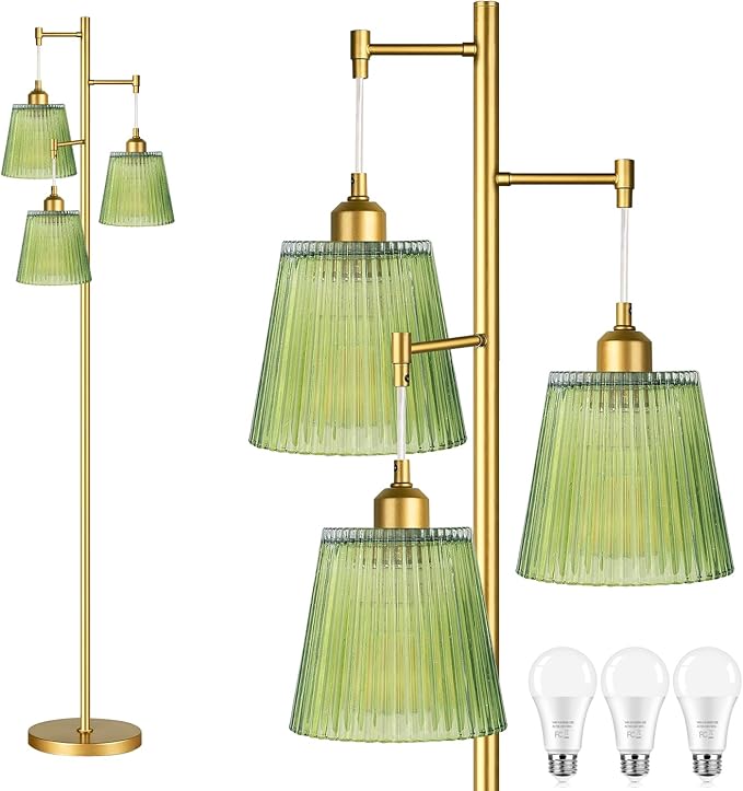 Gold Floor Lamp for Living Room,Bedroom,Mid Century Modern Standing Lamp Brass Tree 3 Light Tall Floor Lamps Vintage Retro Floor Lights Glass Green Flower Lamp Shade Farmhouse Boho Bohemian