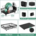 MOUKABAL Dish Drying Rack, Dish Rack, Stainless Steel Dish Racks for Kitchen Counter, Dish Drainer with Removable Utensil Holder, Drainboard (Black)