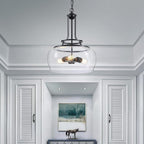 WUZUPS Chandelier Rustic Farmhouse Industrial Round Ceiling Pendant LED Light Fixture Clear Seeded Glass Shade for Dining Room Kitchen Island Foyer Entryway, H 20.9" x W 15.9", Black