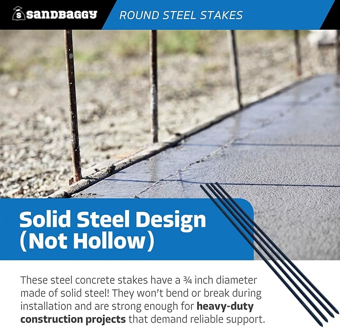 Sandbaggy Round Steel Concrete Form Stakes with Nail Holes - Rust Resistant Coating - Removable, Reusable (5, 3/4 in X 48 in)