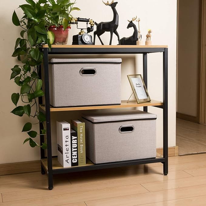 PRANDOM Large Foldable Storage Bin with Lid [1-Pack] Linen Fabric Decorative Storage Box Organizer Container Basket Cube with Handles Divider for Closet Office Living Room Light Grey(17.7x11.8x11.8)