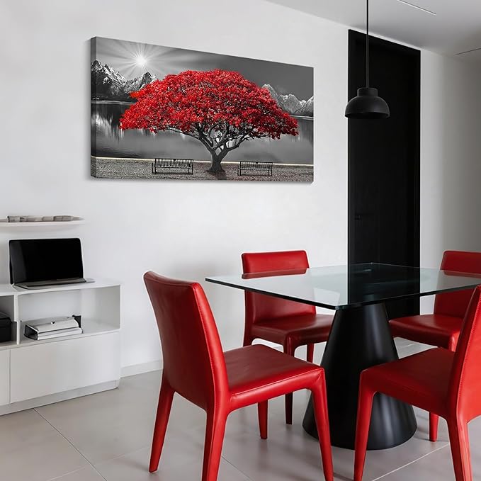 Black and White Red Tree Wall Art Canvas Print Picture Large Red Tree Landscape Modern Artwork for Living Room Bedroom Office Home Wall Decoration Decor With Frame 20x40in