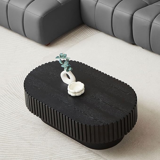 43.7" Oval Coffee Table for Living Room,Modern Handcraft Drum Coffee TableSmall Wooden Coffee Table with Sturdy Pedestal Easy Assembly for Office-Black