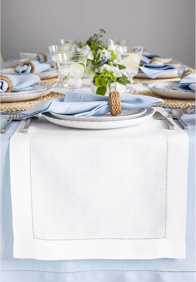 Solino Home Linen White Table Runner 36 Inches - Classic Hemstitch, 100% Pure Linen Coffee Table Runner 14 x 36 Inch Ideal for Dresser Tables - Fall, Autumn, Halloween, Thanksgiving